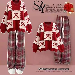 女大童秋冬季圣诞节套装新年学生装战袍红色毛衣加绒阔腿裤两件套