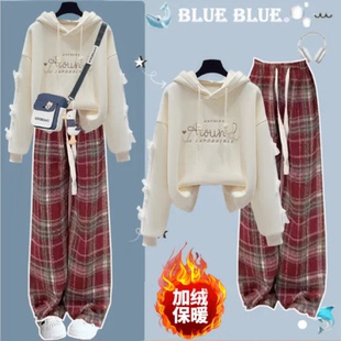 女大童秋冬套装初中学生新款过年学院风加绒加厚卫衣休闲裤两件套