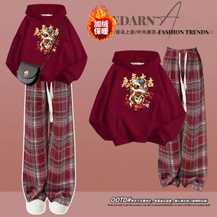 秋冬本命年马年过年拜年服红色加绒卫衣套装女大童初中学生两件套