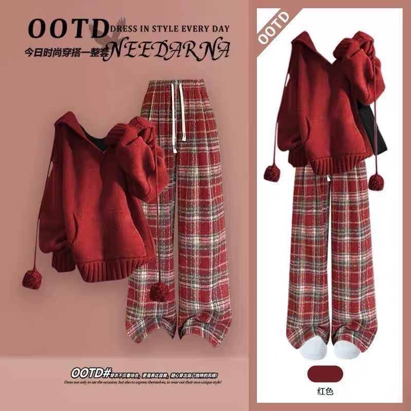 少女大童秋季圣诞战袍新年红色针织毛衣休闲阔腿裤两件套过年套装