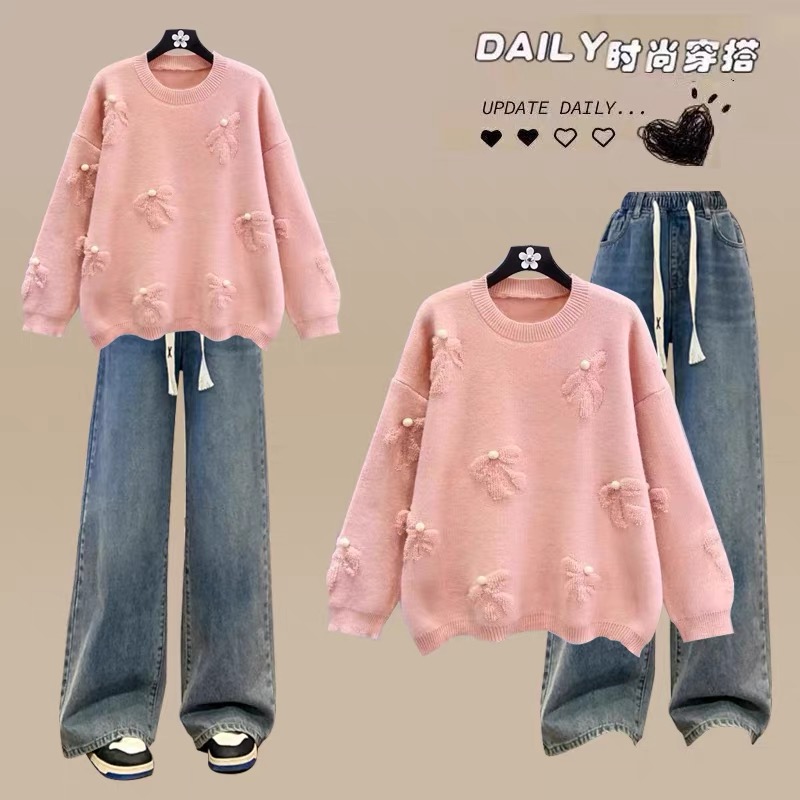 宽松慵懒风毛衣套装少女孩秋冬装初中大童时尚针织衫牛仔裤两件套