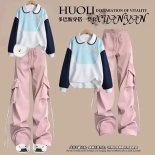 初中生秋季polo领卫衣女大童穿搭一整套青少年高中生工装裤两件套