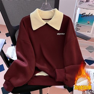 红色新年衣服翻领加绒卫衣女秋冬季少女初中生洋气Polo领长袖外套