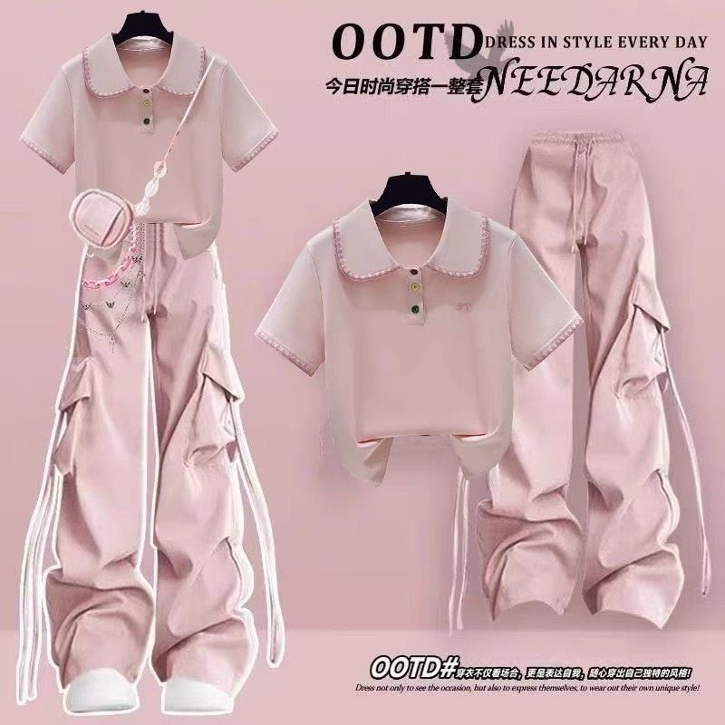 少女大童夏季工装裤套装新款上衣洋气初中学生翻领短袖时尚两件套