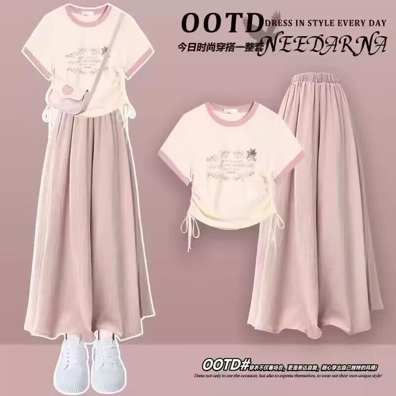 女童夏季套装2026新款洋气小清新抽绳短袖T多巴胺粉色裤裙两件套