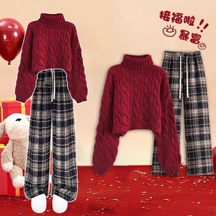 圣诞节红色毛衣女童小香风秋冬季新年战袍套装中大童超好看两件套