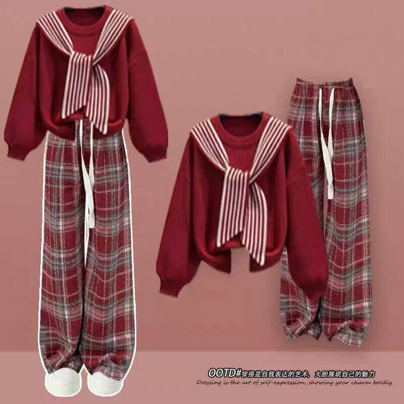 新年战袍红色毛衣女学院风加绒裤子套装少女洋气搭配一整套秋冬装