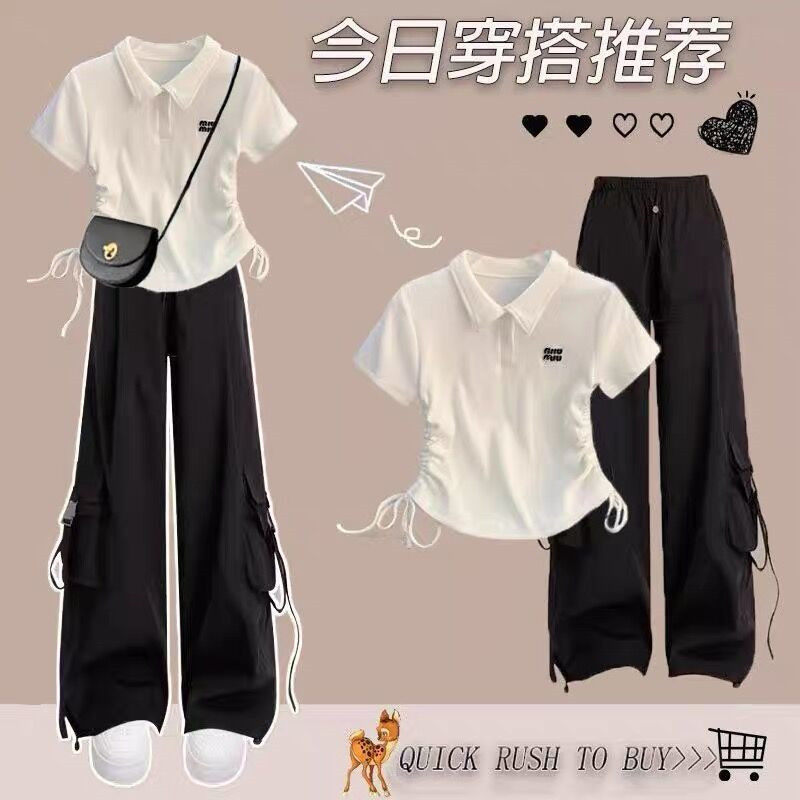 夏季洋气短款上衣工装裤两件套潮图片