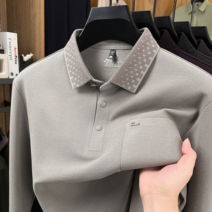 高品质保罗中年男士长袖t恤爸爸羊毛衫桑蚕丝体恤带领真口袋上衣