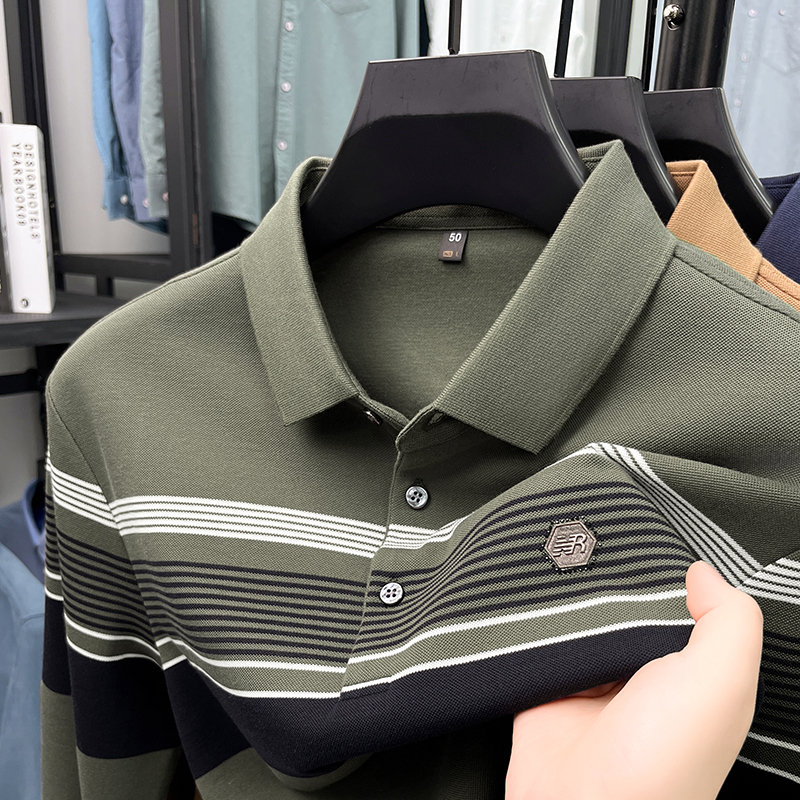 高品质长袖T恤男商务抗皱纯棉POLO衫翻领百搭条纹打底衫男士上衣