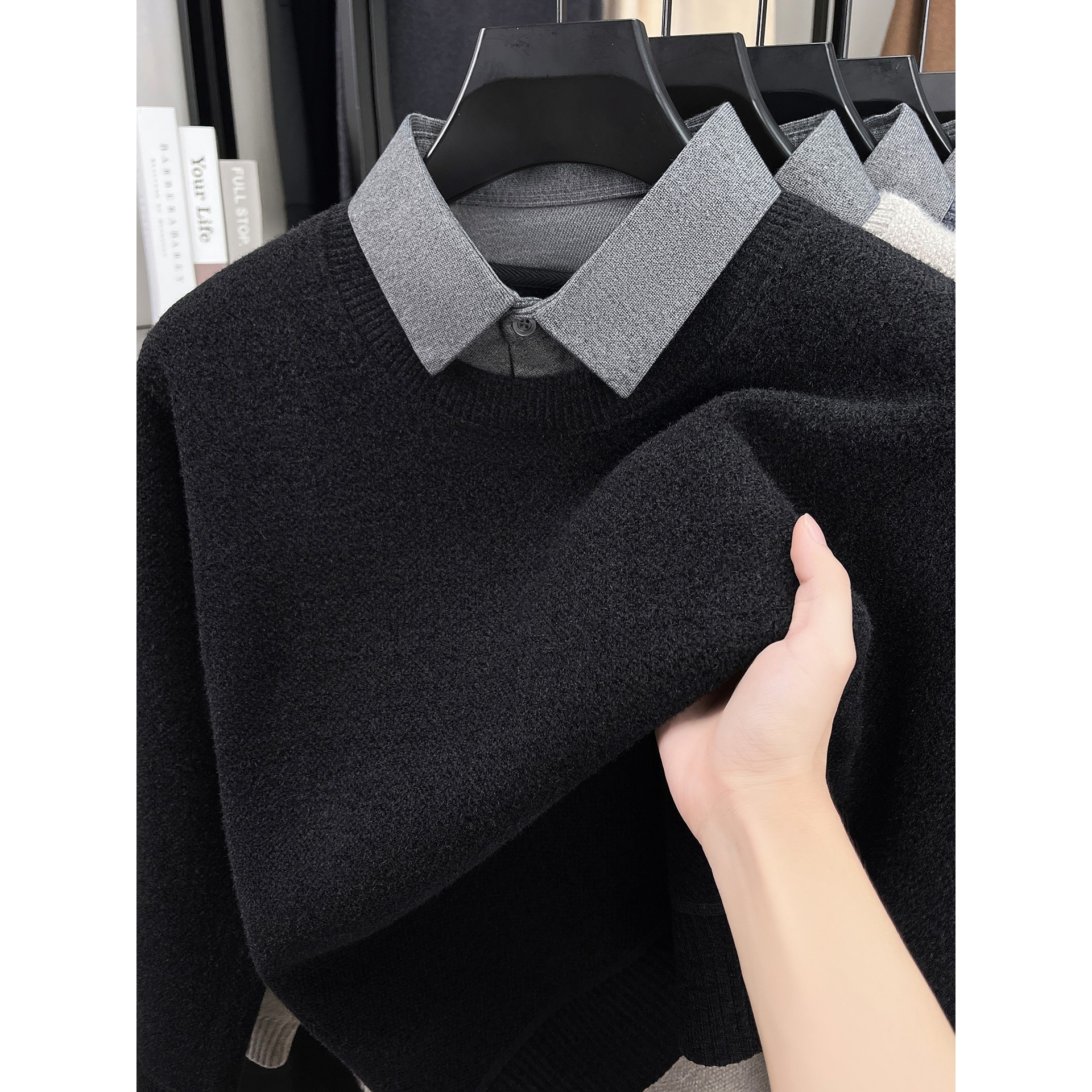 雪尼尔假两件衬衫领毛衣男秋冬加