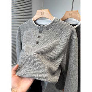 假两件卫衣男加绒加厚冬季新款青年亨利领针织毛衣男装休闲内搭潮