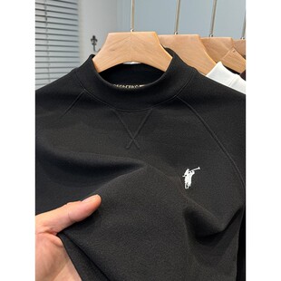 德荣绒打底衫男半高领秋冬季保罗刺绣长袖T恤男装纯色内搭插肩袖