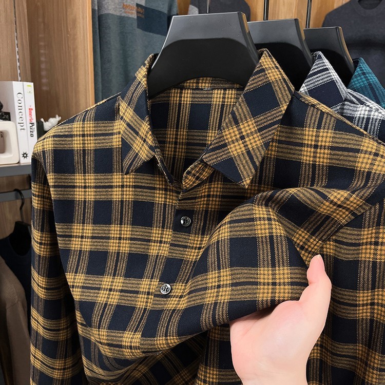格纹长袖衬衣男潮流韩版休闲男装