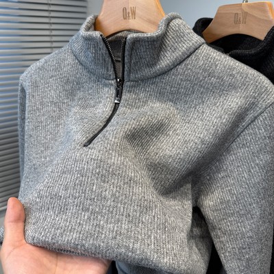 高级感拉链半高领毛衣男加绒加厚