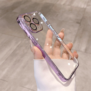 淡紫色电镀边适用OPPOReno15/14/13/12/10透明9/8手机壳6Pro+高透超薄FindX8s+/x6/x3/X7硅胶全包边X9pro女软