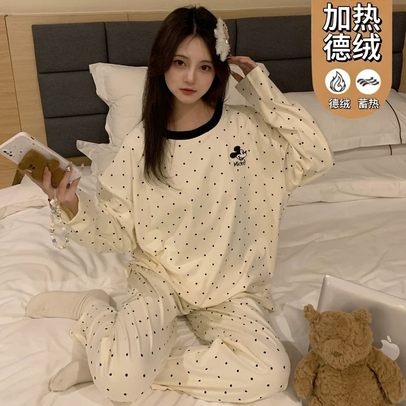 德绒睡衣女款春秋季长袖长裤宽松两件套加绒可外穿家居服冬天薄绒图片
