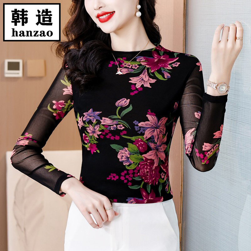 甜美印花网纱打底衫女长袖2026春季新款显瘦舒适内塔洋气T恤上衣