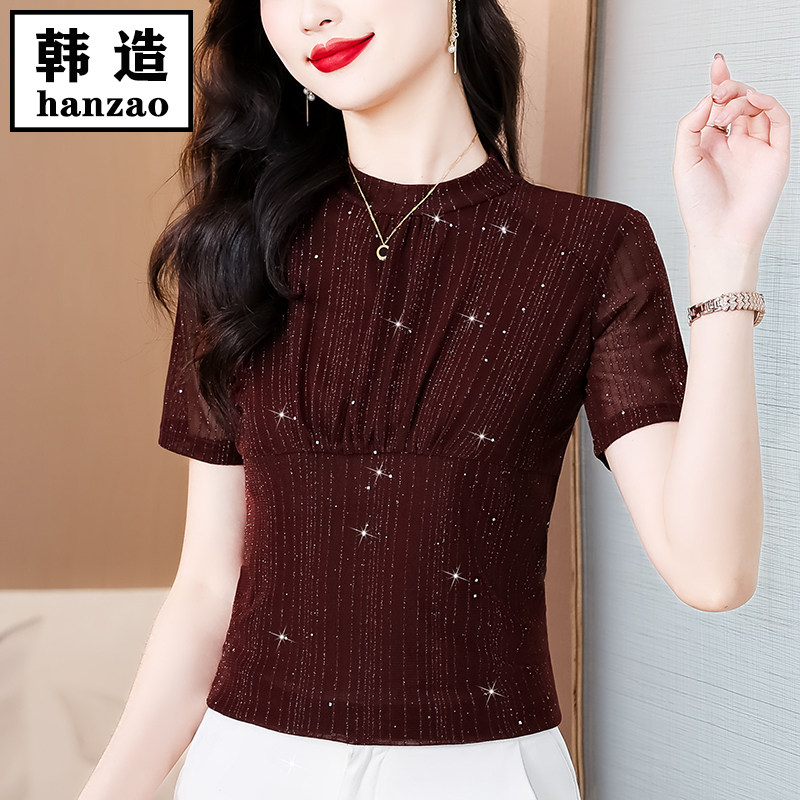 时尚浪漫短袖亮丝小衫女2026年夏季新款修身显瘦漂亮减龄网纱上衣