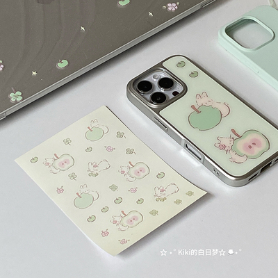 Kiki的白日梦丨电镀夏日青苹果兔子原创插画小众设计镜面ins风16promax手机保护壳软边硬底ins风