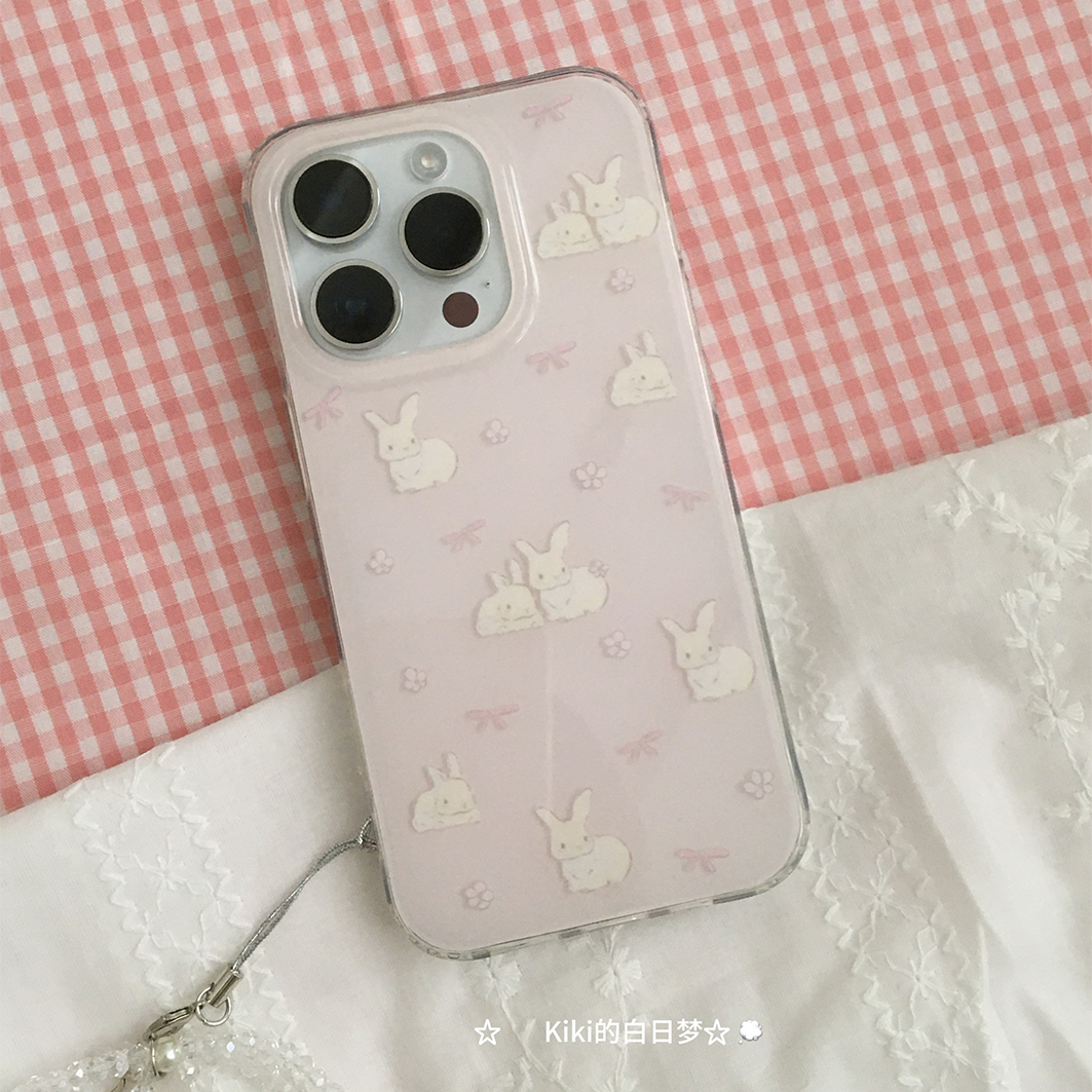 kiki白日梦双层印花粉色蝴蝶结奶黄兔子可爱小清新适用苹果iphone1314promax可爱手机亚克力透明壳