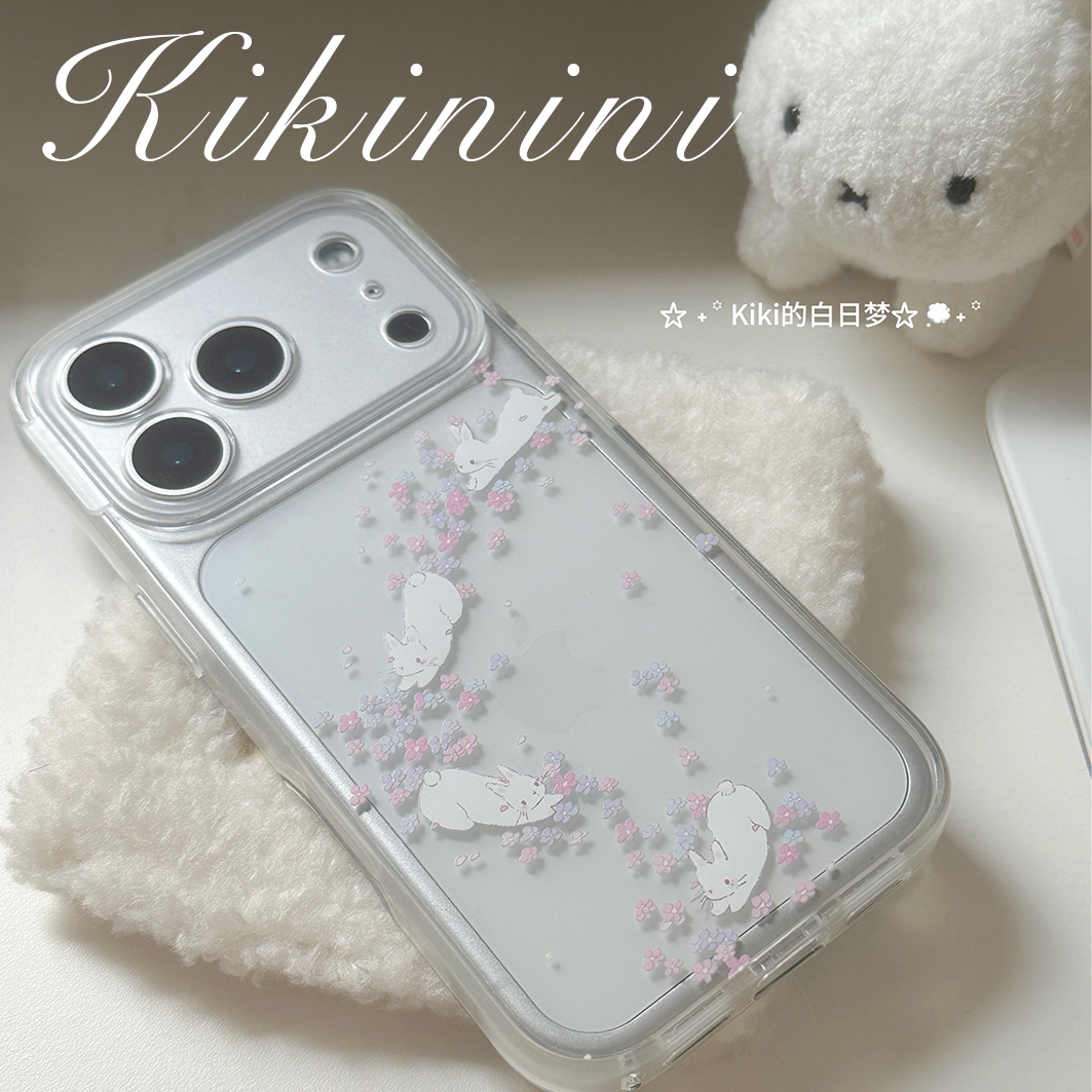 kiki白日梦原创手机壳奔跑兔子碎花高透明适用苹果iphone17pro1514pro手机壳亚克硬壳防摔手机壳包镜头