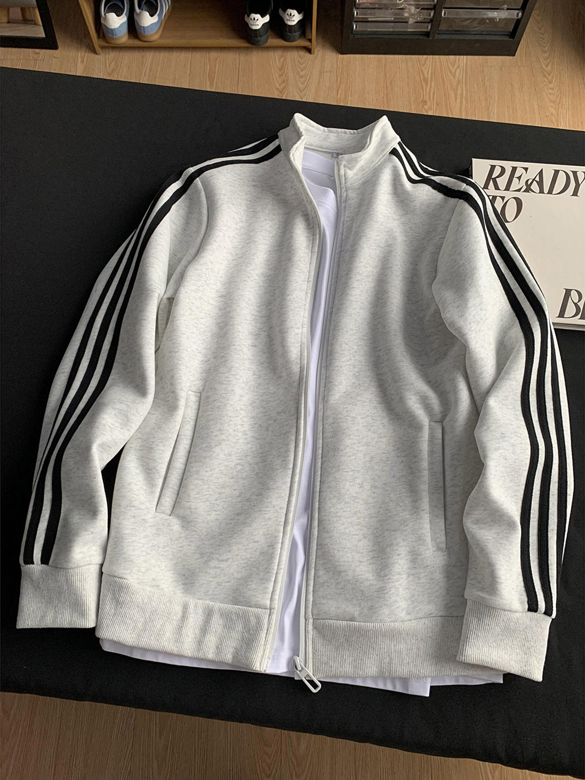 cleanfit三条杠立领外套男生春季拼接条纹开衫卫衣运动风夹克美式