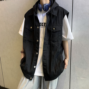 夏季牛仔马甲男潮牌ins宽松可拆卸连帽坎肩痞帅工装无袖休闲外套