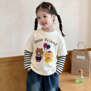 德绒儿童打底衫女孩冬季卡通条纹长袖t恤打底内搭女童假两件上衣