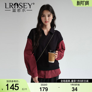 蓝若水大码女装针织假两件叠穿衬衫卫衣2026春装新款宽松减龄上衣