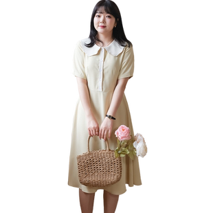 蓝若水大码女装翻领气质长裙胖mm夏装淑女收腰显瘦雪纺连衣裙