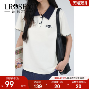 女装 减龄短袖 2025夏季 胖MM撞色翻领刺绣Polo衫 T恤 新款 蓝若水大码