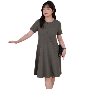 蓝若水大码女装休闲针织连衣裙胖mm夏季新品时尚收腰显瘦a字中裙