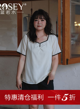 蓝若水大码女装法式方领雪纺衫胖mm夏装洋气显瘦简约宽松上衣