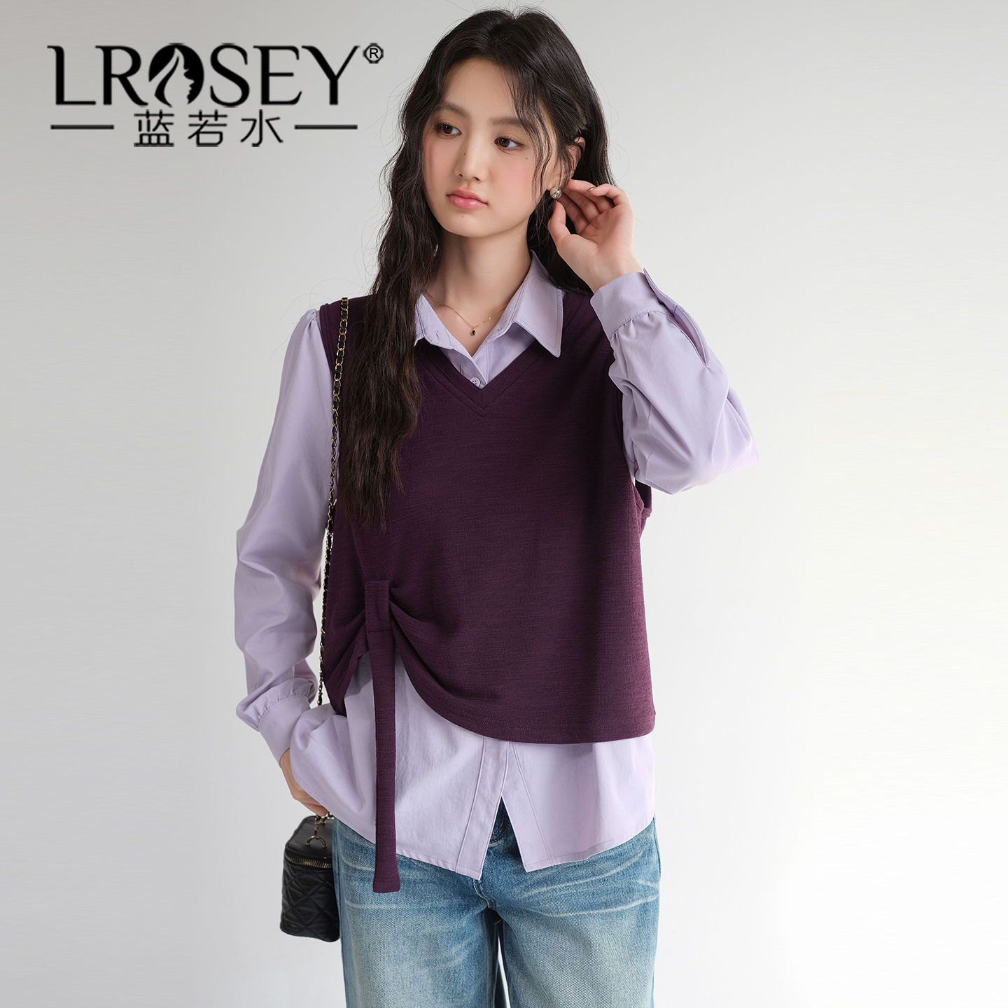 蓝若水学院风马甲衬衫两件套