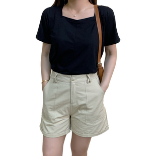 蓝若水大码女装显瘦方领短袖t恤夏季微胖MM休闲百搭遮肉正肩上衣