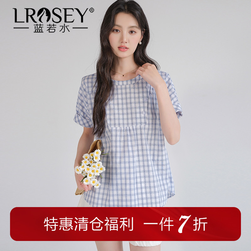 【盐系穿搭减龄蓝白格纹衬衫】蓝若水大码夏装新款学院风圆领上衣
