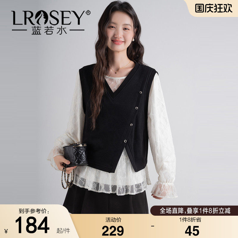 蓝若水大码女装2026秋装新款针织假两件蕾丝衬衫胖MM洋气叠穿上衣