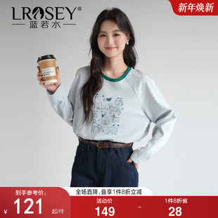 宽松遮肚子长袖 蓝若水大码 新款 圆领印花上衣胖mm2026春装 t恤 女装