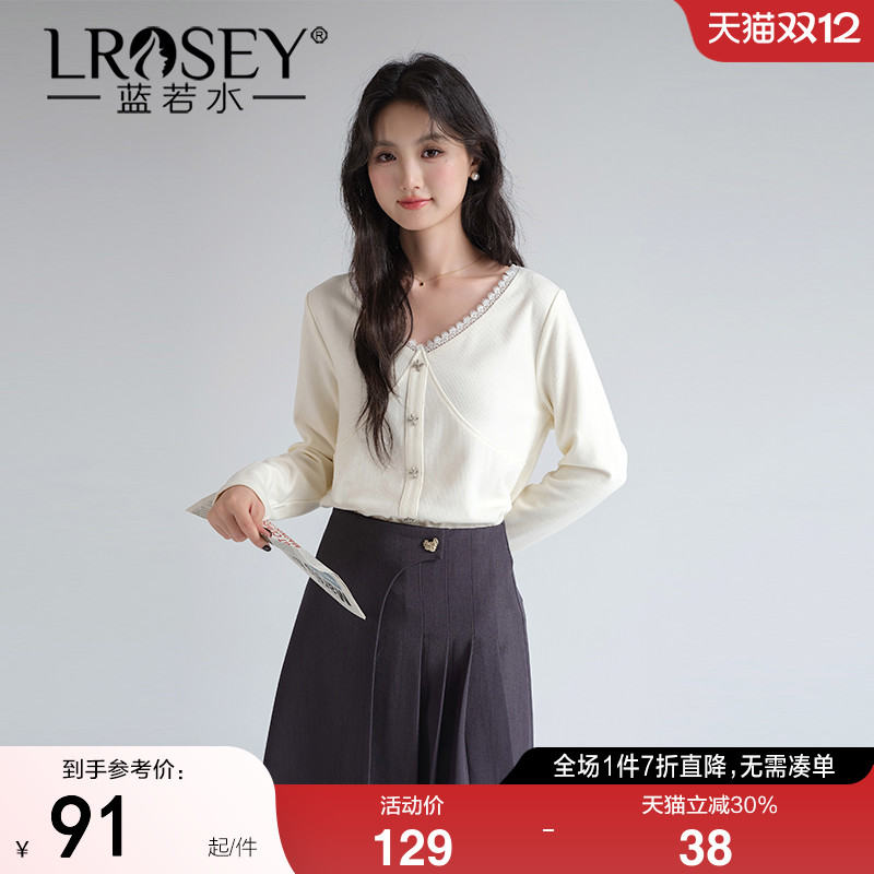 蓝若水大码女装蕾丝花边V领衬衫胖mm秋季新款遮肚子打底针织上衣