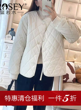 蓝若水大码女装韩版菱格保暖棉服冬季新款宽松遮肚胖mm夹棉外套