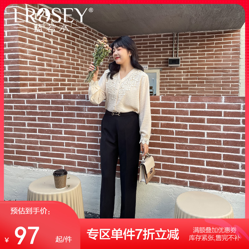 蓝若水大码女装春季新款蕾丝V领法式上衣胖MM遮肚减龄气质雪纺衫