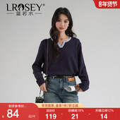 女装 2026春新款 撞色v领针织打底衫 蓝若水大码 胖MM休闲韩版 宽松t恤