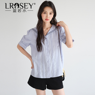 女装 衬衫 2026夏装 全棉海军领短袖 胖MM学院风上衣YL 新款 蓝若水大码