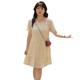 蓝若水大码女装茶歇方领法式碎花裙夏季新品胖MM巨显瘦遮肉连衣裙