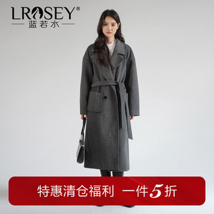 新款 蓝若水大码 毛呢大衣胖mm冬装 高级感长款 大V领双排扣外套 女装