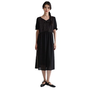 蓝若水大码女装国风提花盘扣V领连衣裙胖mm夏装新中式复古连衣裙