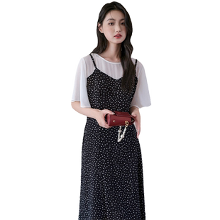 蓝若水大码女装爱心碎花假两件连衣裙夏季新品胖mm小个子显瘦长裙