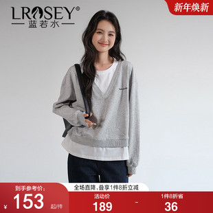 新款 小众叠穿假两件卫衣胖mm春季 别致显瘦炸街上衣 女装 蓝若水大码