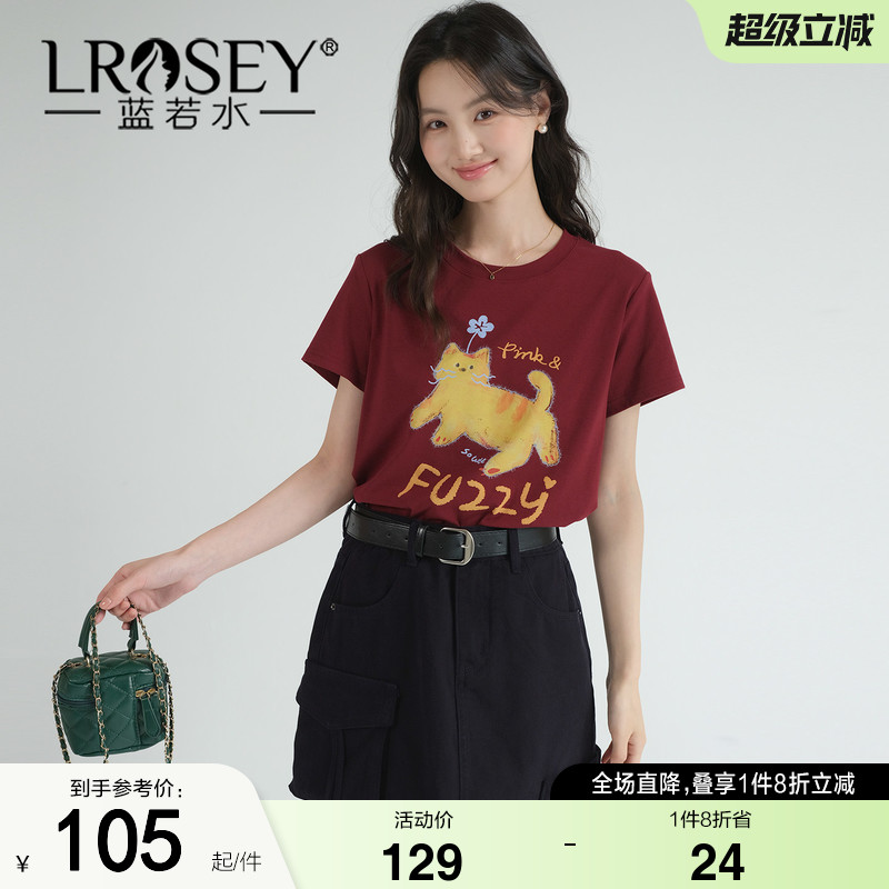 蓝若水大码女装卡通猫咪印花上衣2026夏装新款胖MM复古红短袖T恤